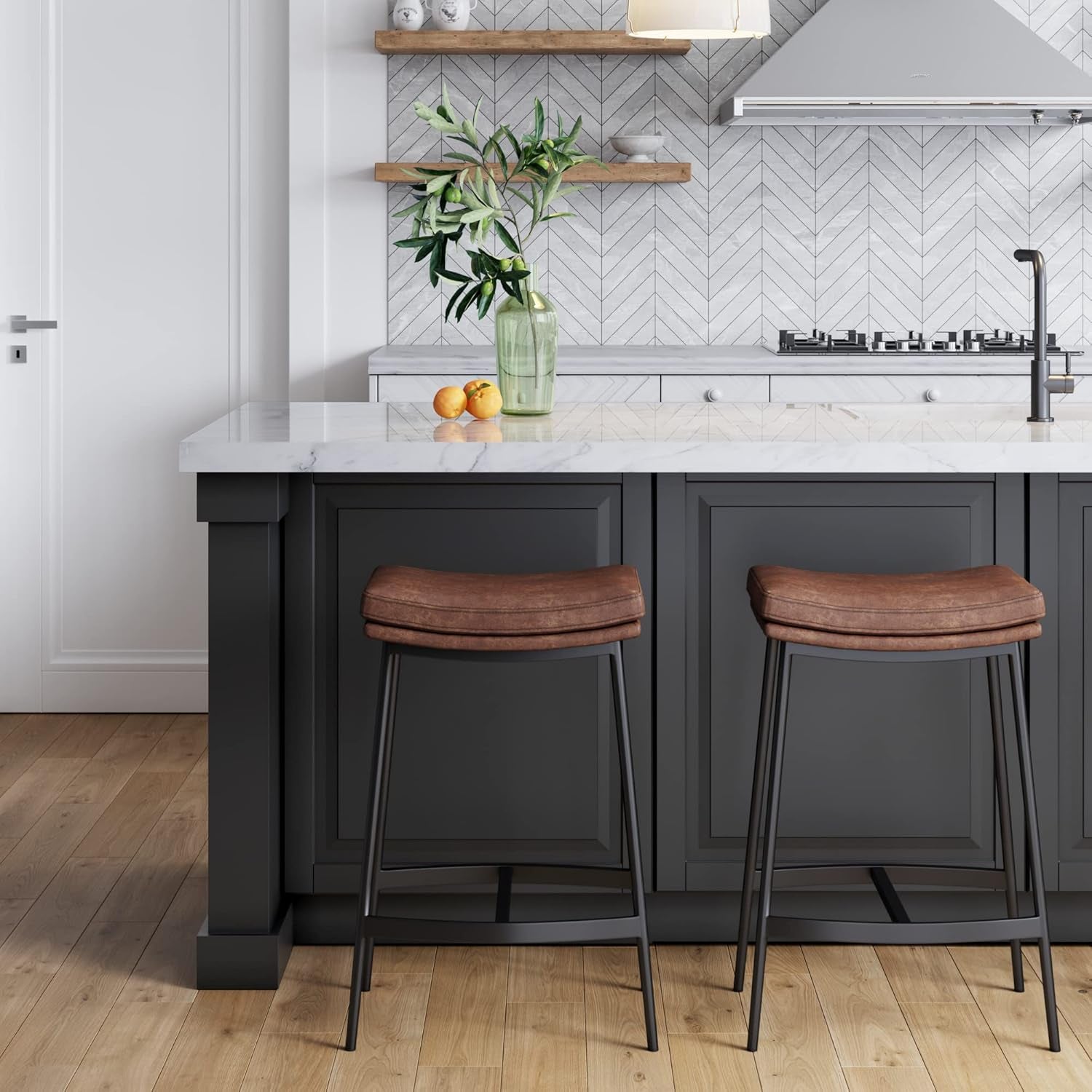 Arlo Modern Backless Upholstered Kitchen Counter Bar Stool with Double-Layered Saddle Seat and Black Metal Base, Brown/Matte Black, Set of 2