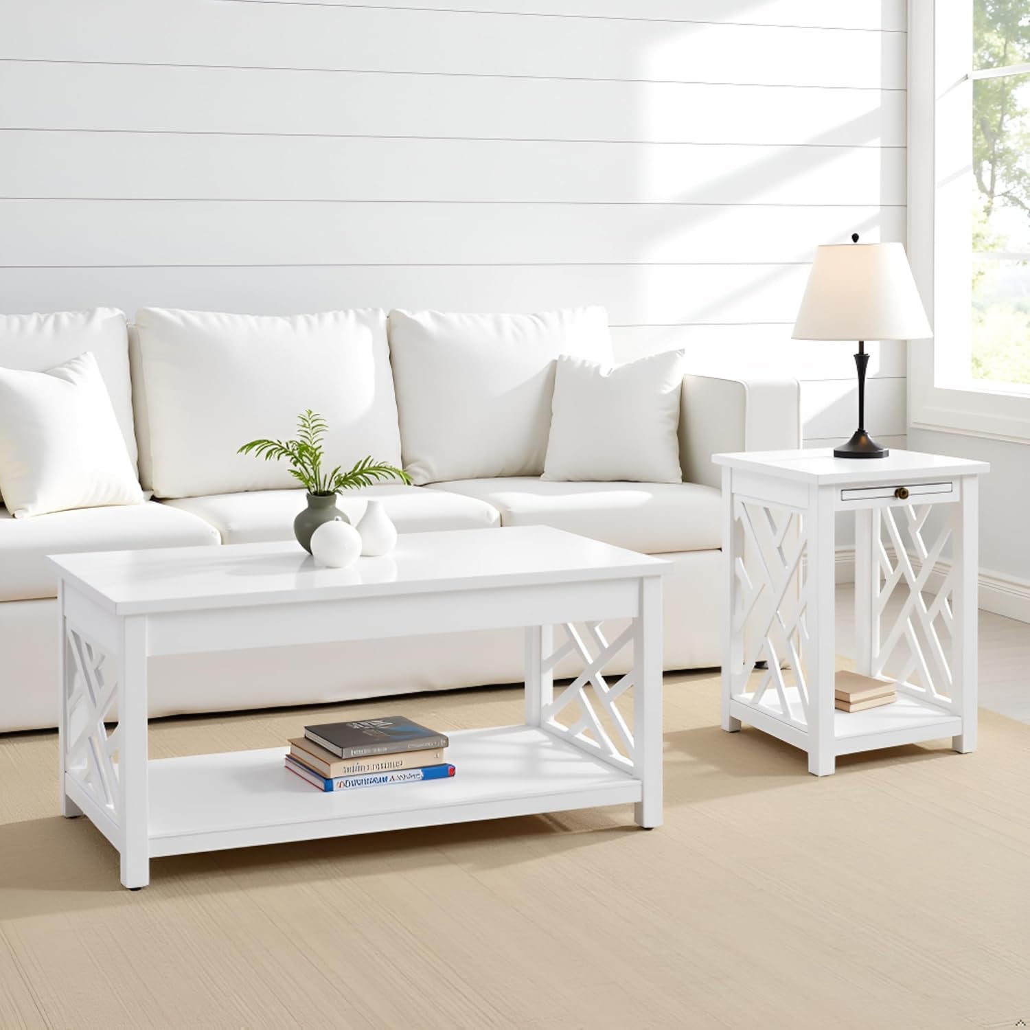 Coventry 2-Piece Living Room Table Set – Cottage Style Coffee Table and End Table with Lower Shelves and Pull-Out Tray – for Apartment, Loft, or Teen Room by  (White)