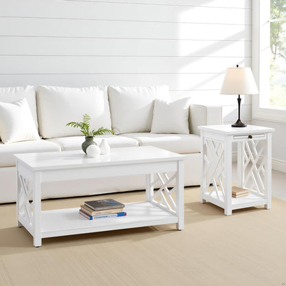 Coventry 2-Piece Living Room Table Set – Cottage Style Coffee Table and End Table with Lower Shelves and Pull-Out Tray – for Apartment, Loft, or Teen Room by  (White)