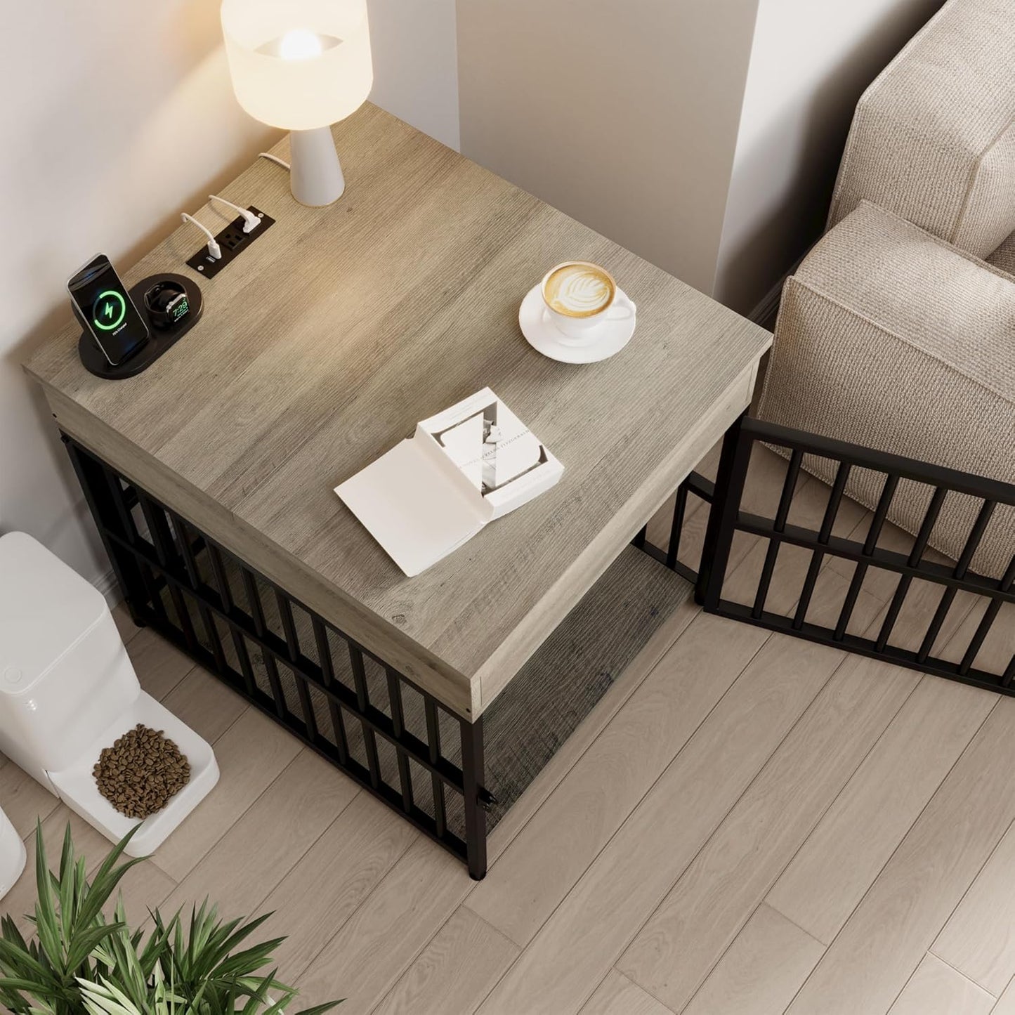 Dog Crate Furniture for Small Dogs, Wooden Dog Kennel with Flip Top Drawer, Indoor Pet Crate End Table with Charging Station, Steel-Tube Dog Cage, Rustic Brown