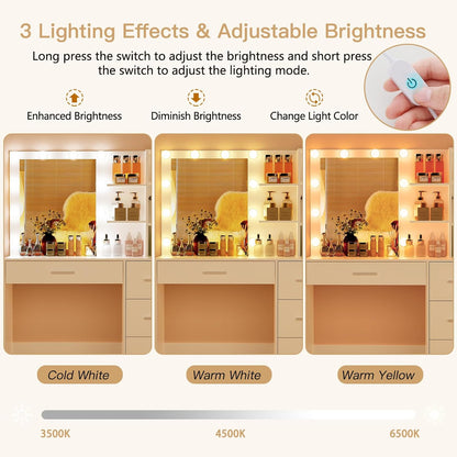 Makeup Vanity with Lights, Vanity Desk with Mirror and 10 LED Lights, Vanity Table Set with 4 Drawers, Cabinet & 4 Necklace Hooks, Dressing Table for Bedroom, White