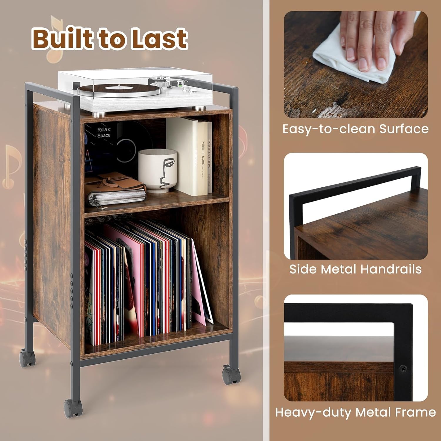 Record Player Stand with Charging Station, Mobile Turntable Stand with Record Storage & 4 Rolling Wheels, 3-Tier Vinyl Record Storage W/ Open Shelves & Dividers for Living Room, Rustic Brown