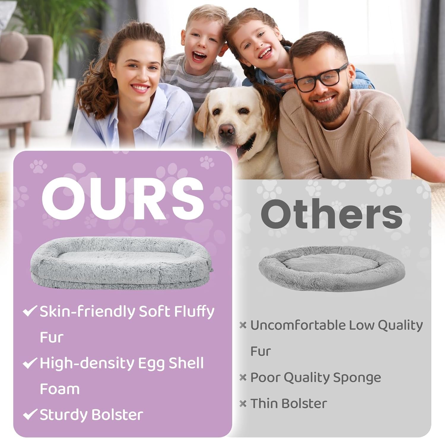 Human Dog Bed for Adults, 46 X 10 X 76 Long Human Size Dog Bed, Removable Cover, Orthopedic Design, Light Grey