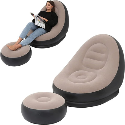 Inflatable Lounge Chair for Adults, Folding Portable Lazy Sofa with Foot Stool Lazy Flocking Recliner Chair Air Couch Sofa for Indoor Outdoor Travel Camping（No Pump）