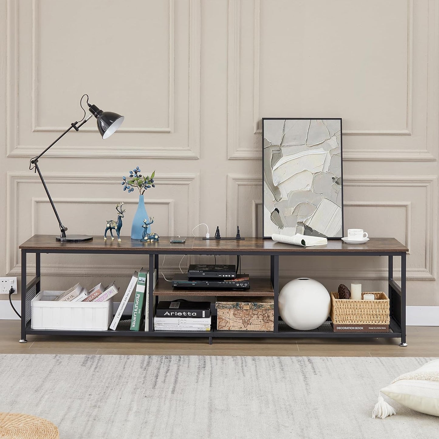 TV Stand with Power Outlets for Televisions up to 80 Inch,70" Media Entertainment Center with Charging Station 3-Tier Open Storage Shelves with Metal Frame for Living Room/Bedroom，Brown