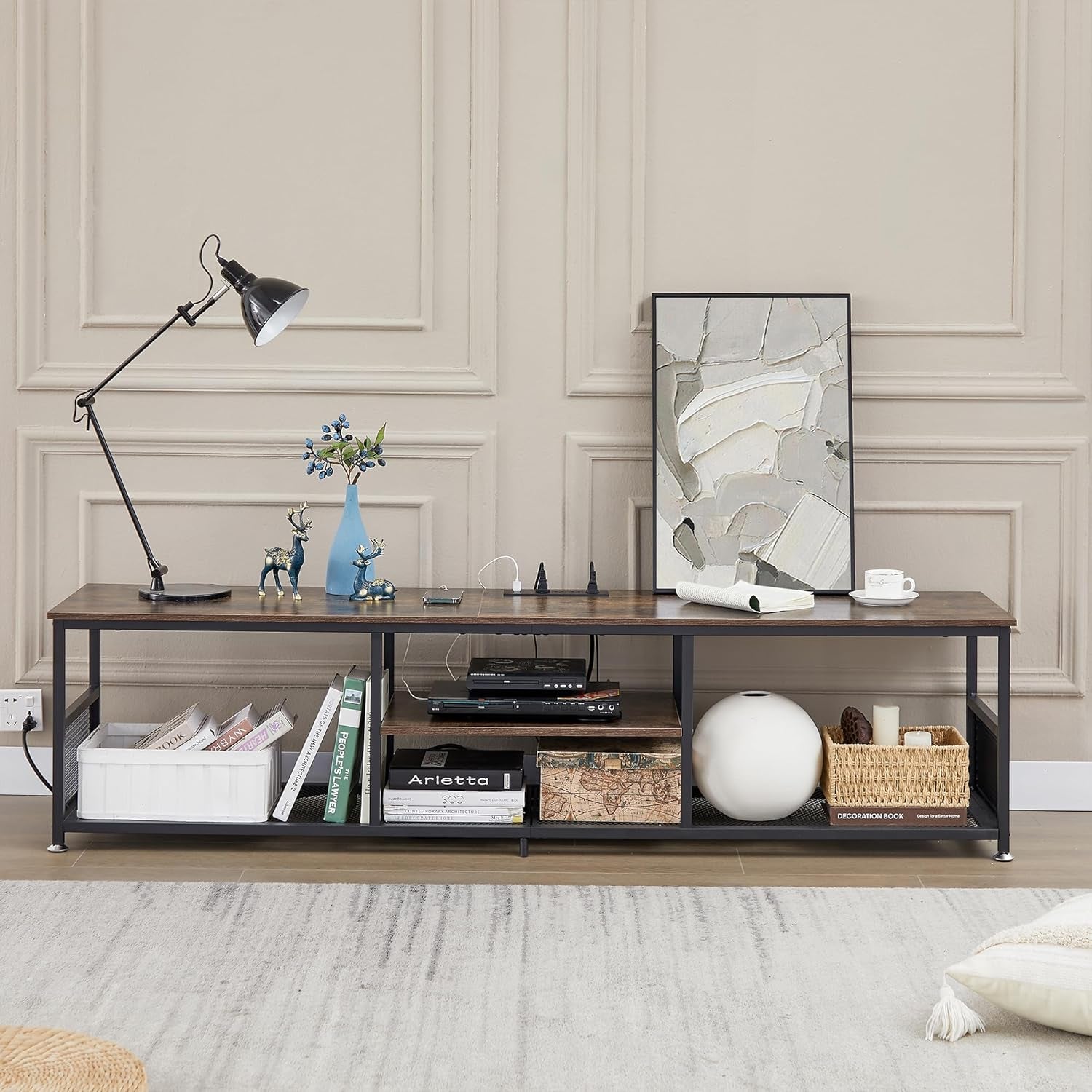 TV Stand with Power Outlets for Televisions up to 80 Inch,70" Media Entertainment Center with Charging Station 3-Tier Open Storage Shelves with Metal Frame for Living Room/Bedroom，Brown