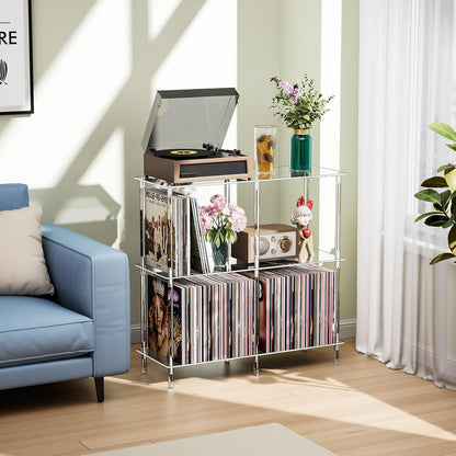 Clear Acrylic Record Player Stand with Vinyl Storage, 31.5" L X 11.8" W X 30.7" H, 3 Tier Side Turntable Table with Large Album Shelf, Modern End Table Bookshelf for Living Room, Bedroom