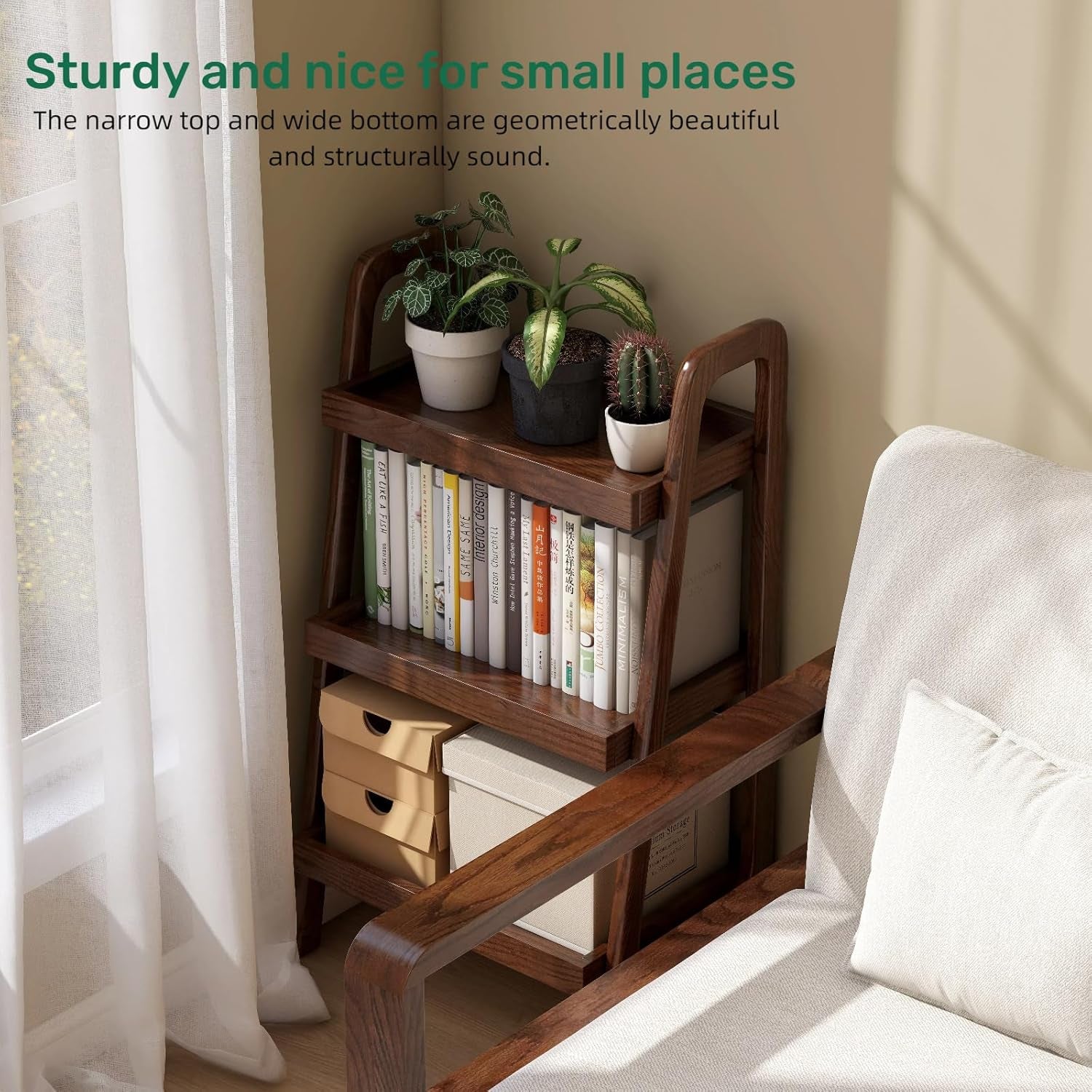 100% Solid Oak 3 Tier Ladder Shelf, Small Bookshelf, Ladder Bookshelf, Bookcase with Stable Frame, Small Table for Living Room Bedroom(Walnut, 12.6" L X 17.72" W X 31.5" H)