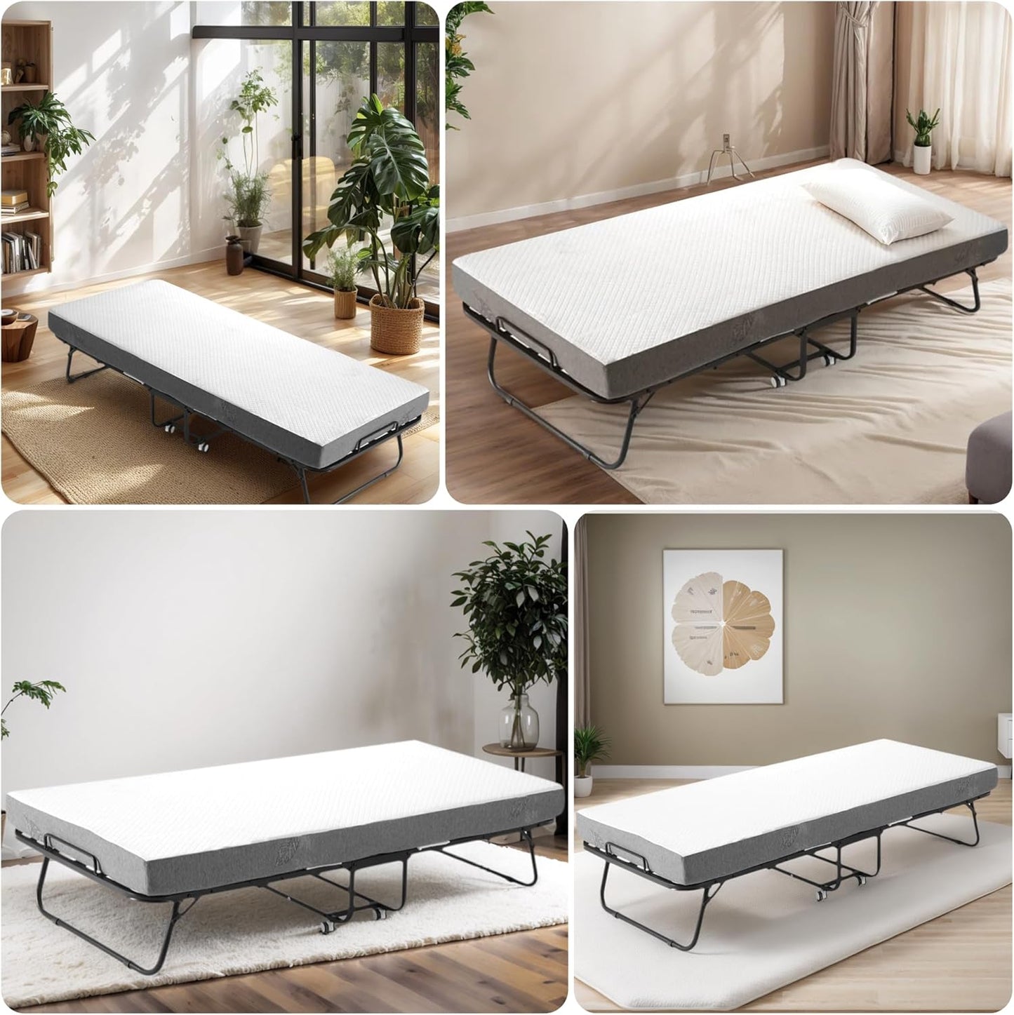 Folding Bed with Memory Foam Mattress, Portable Rollaway Guest Beds on Wheels, 75"X31" Twin Size Space-Saving Cot-Size Bed for Adults with Easy Assembly Metal Frame (White)