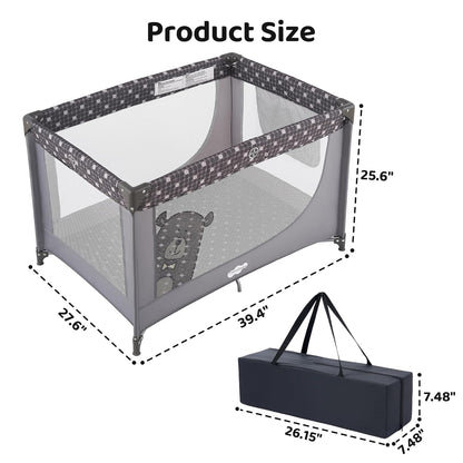 Portable Crib Baby Playpen with Mattress and Carry Bag Grey