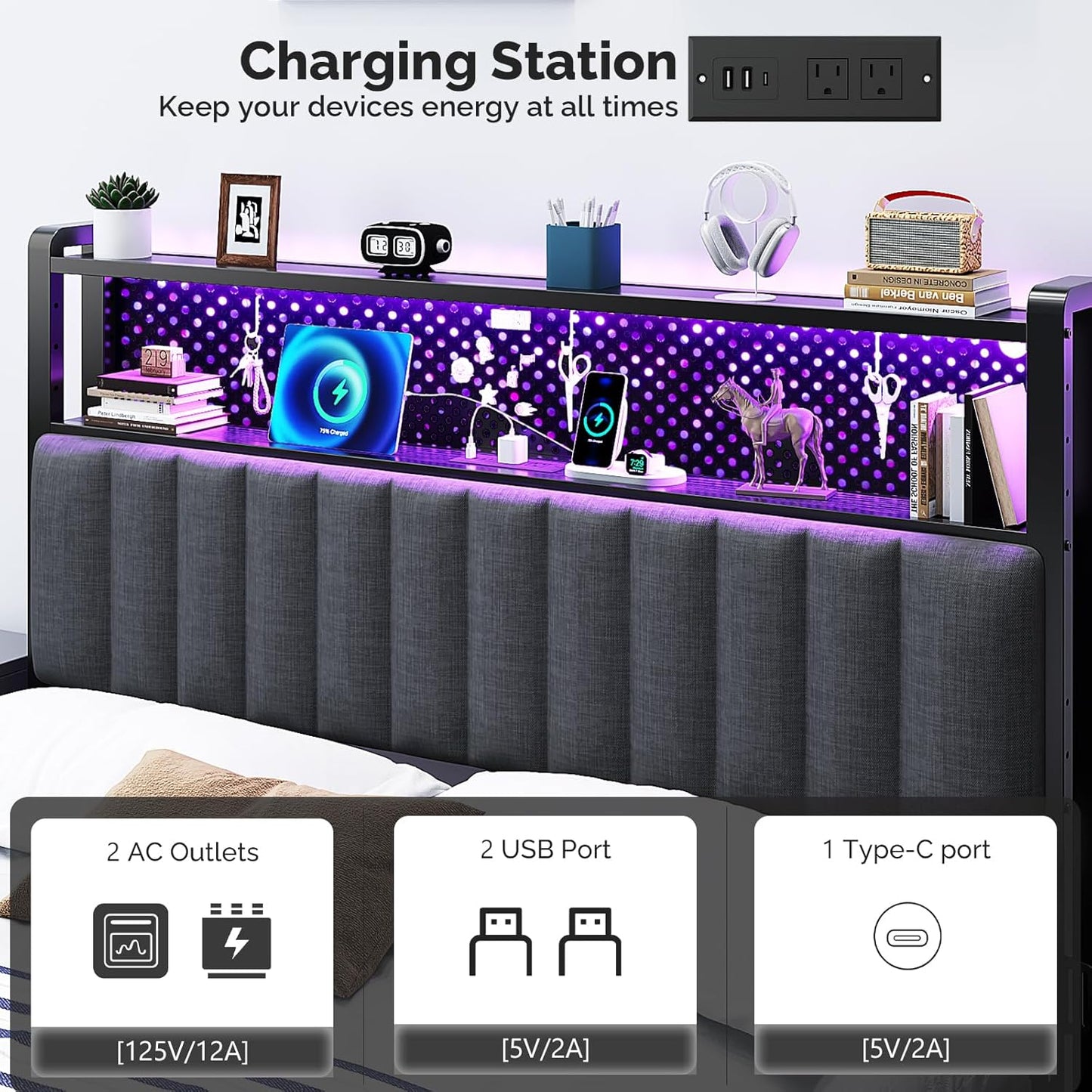 King Size Headboard Only, Adjustable Upholstered Headboard with 2 Tier Shelves and Pegboard with Charging Stations and LED Lights, Modern Bed Headboard with Storage for Bedroom Decor
