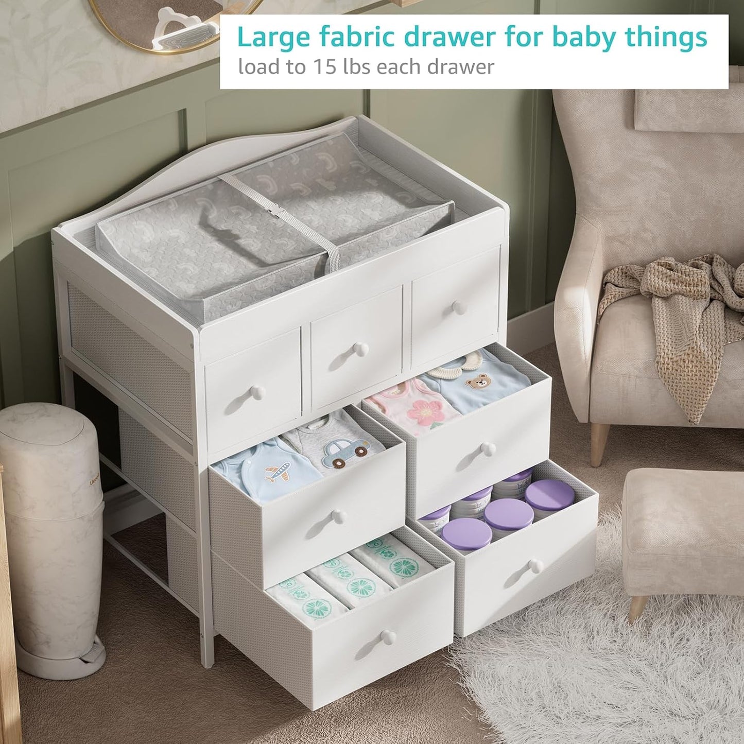 Changing Table Dresser with Storage, Baby Dresser with Changing Table Top Diaper Changing Station with 7 Fabric Drawers for Nursery Modern