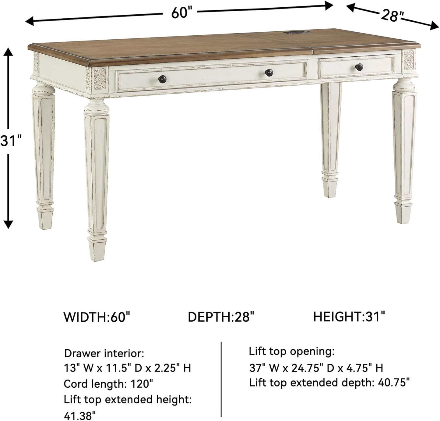 Realyn Home Office Lift Top Desk, USB Charging, Spring Lift Top, Smooth-Gliding Drawer, 60" W X 28" D X 31" H, Chipped White and Brown