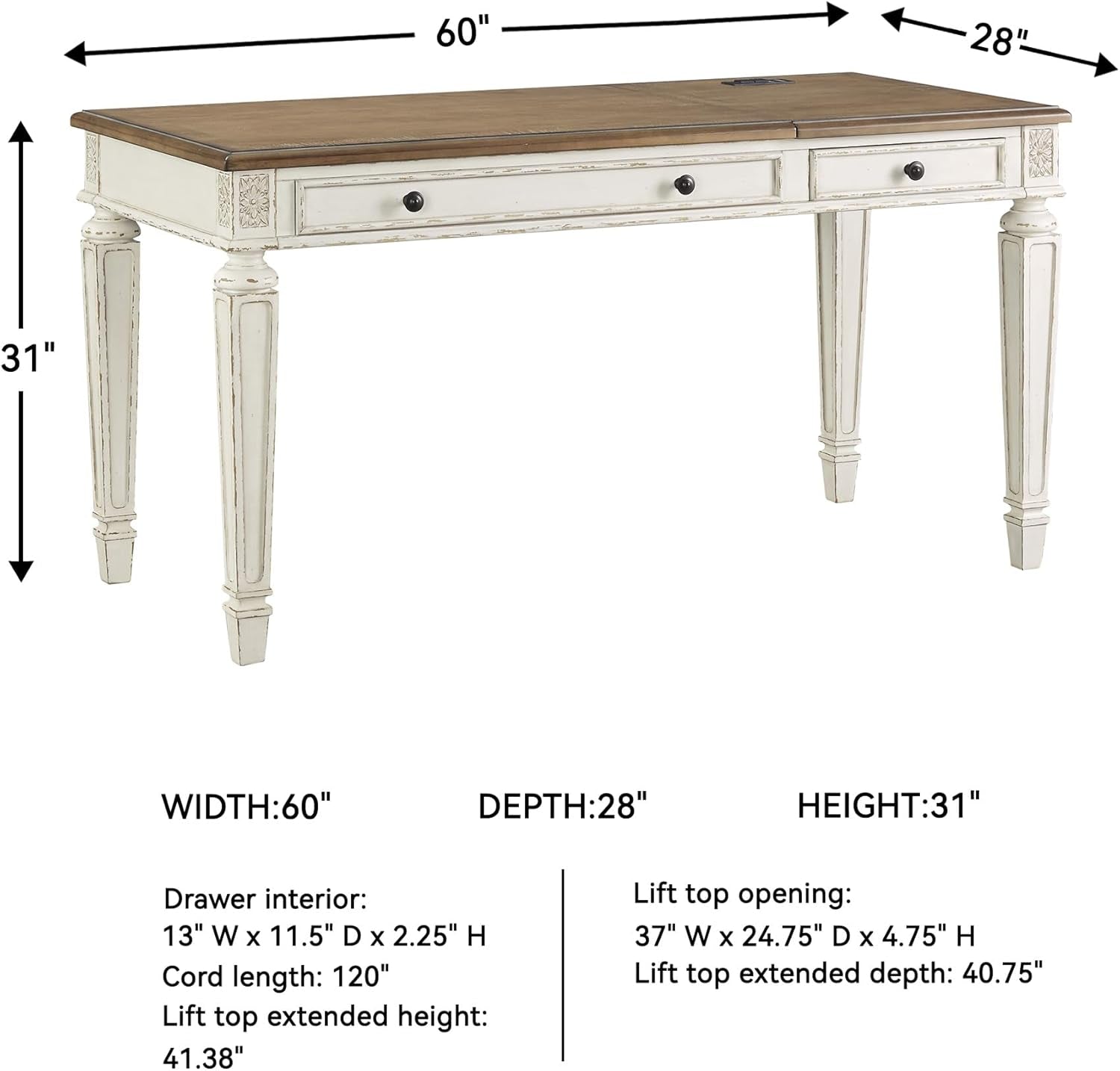 Realyn Home Office Lift Top Desk, USB Charging, Spring Lift Top, Smooth-Gliding Drawer, 60" W X 28" D X 31" H, Chipped White and Brown