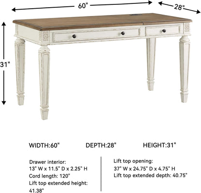 Realyn Home Office Lift Top Desk, USB Charging, Spring Lift Top, Smooth-Gliding Drawer, 60" W X 28" D X 31" H, Chipped White and Brown