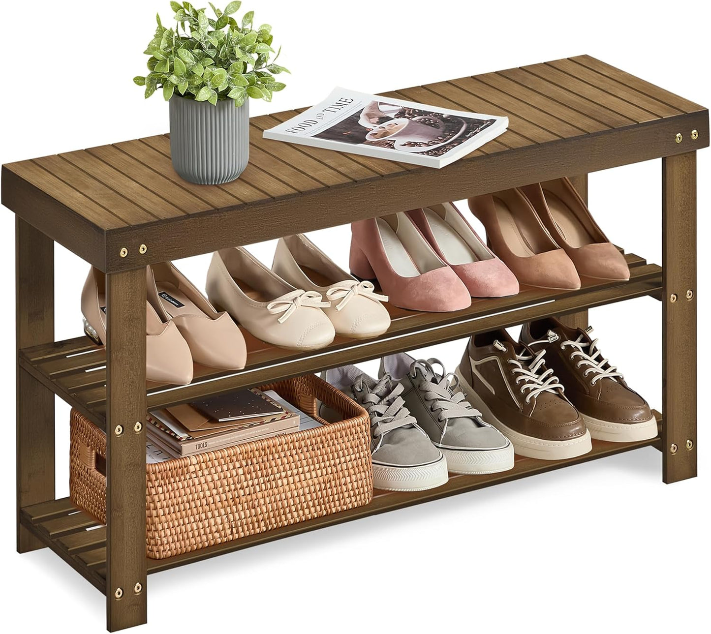 Shoe Rack Bench, 3-Tier Bamboo Shoe Storage Organizer, Entryway Bench, Holds up to 286 Lb, 11.3 X 27.6 X 17.8 Inches, for Entryway Bathroom Bedroom, Ink Black ULBS04H