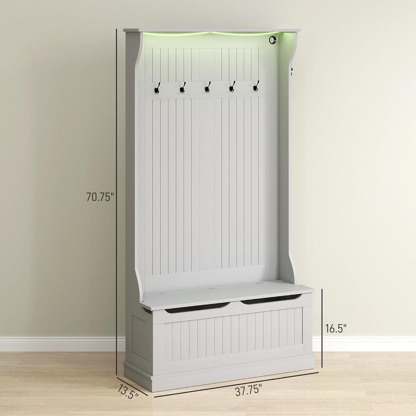 3-In-1 Hall Tree with LED Lights and Shoe Storage, Standing Coat Rack with Shoe Bench, Entryway Furniture with Five Hooks, Gray