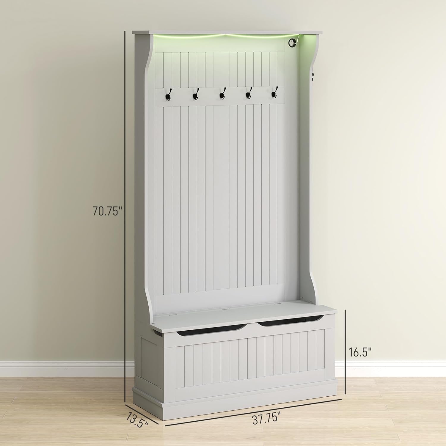 3-In-1 Hall Tree with LED Lights and Shoe Storage, Standing Coat Rack with Shoe Bench, Entryway Furniture with Five Hooks, Gray