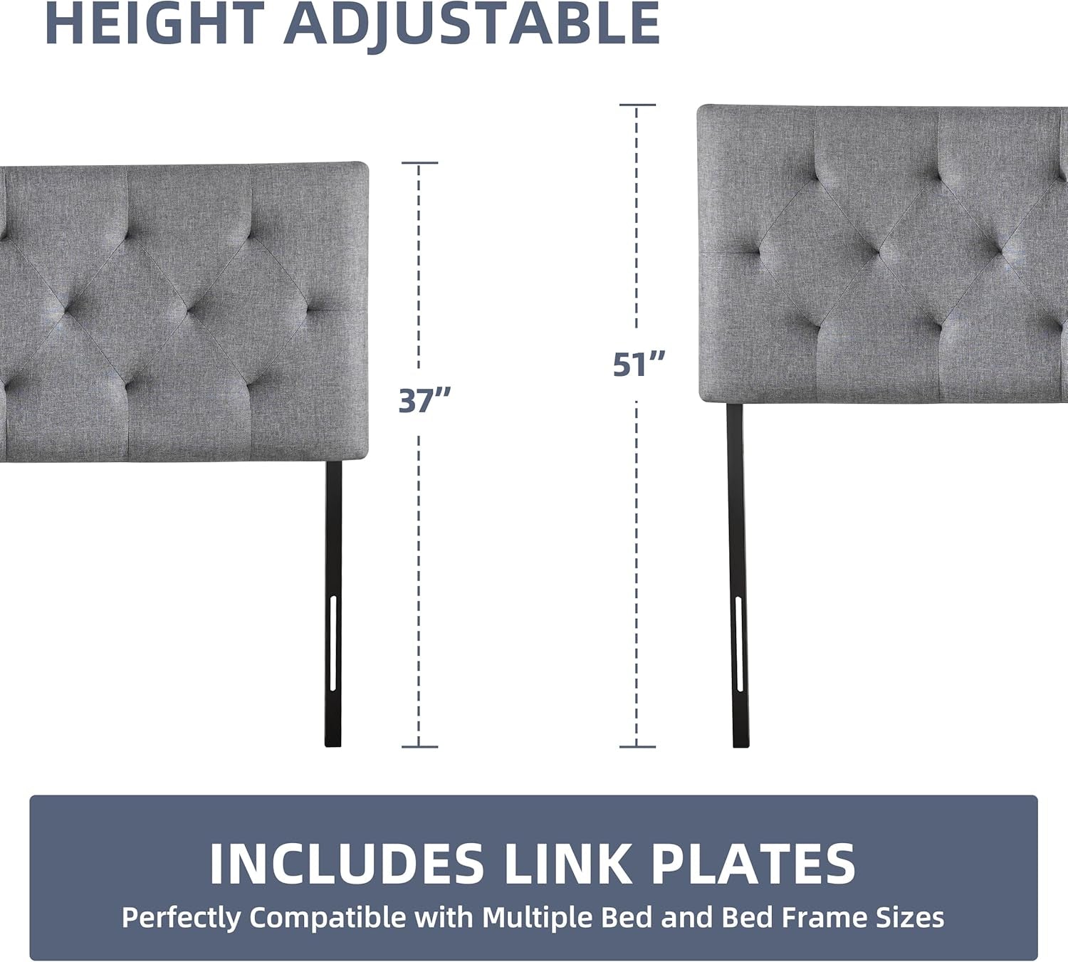 Linen Upholstered Headboard Queen Size, Modern Diamond Tufting Solid Wood Queen Headboard Only, Adjustable Height from 37” to 51” Head Board, Bed Frame or Wall Mount Headboards, Light Grey
