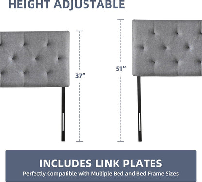 Linen Upholstered Headboard Queen Size, Modern Diamond Tufting Solid Wood Queen Headboard Only, Adjustable Height from 37” to 51” Head Board, Bed Frame or Wall Mount Headboards, Light Grey