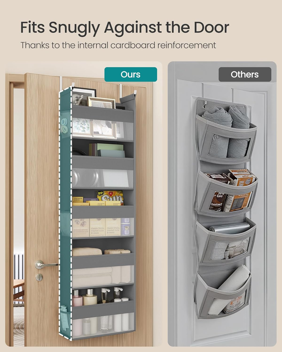 over the Door Organizer, Hanging Door Organizer with 5 Large Pockets, 5-Tier Fabric Storage, Transparent Nylon Mesh, Foldable, Metal Hooks, with Side Pouches, Dove Gray URDH007G01