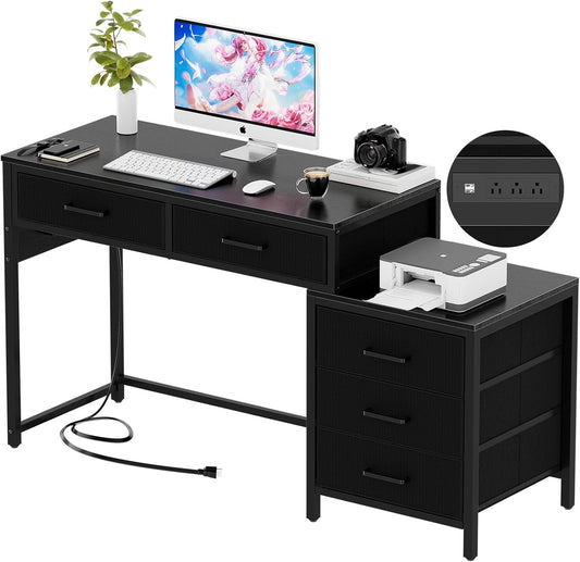 Reversible Computer Desk with 5 Drawers, Sturdy Office Desk with Power Outlets and USB Ports, Corner Writing Table with File Cabinet & Printer Stand, Vanity Desk with Storage, Black