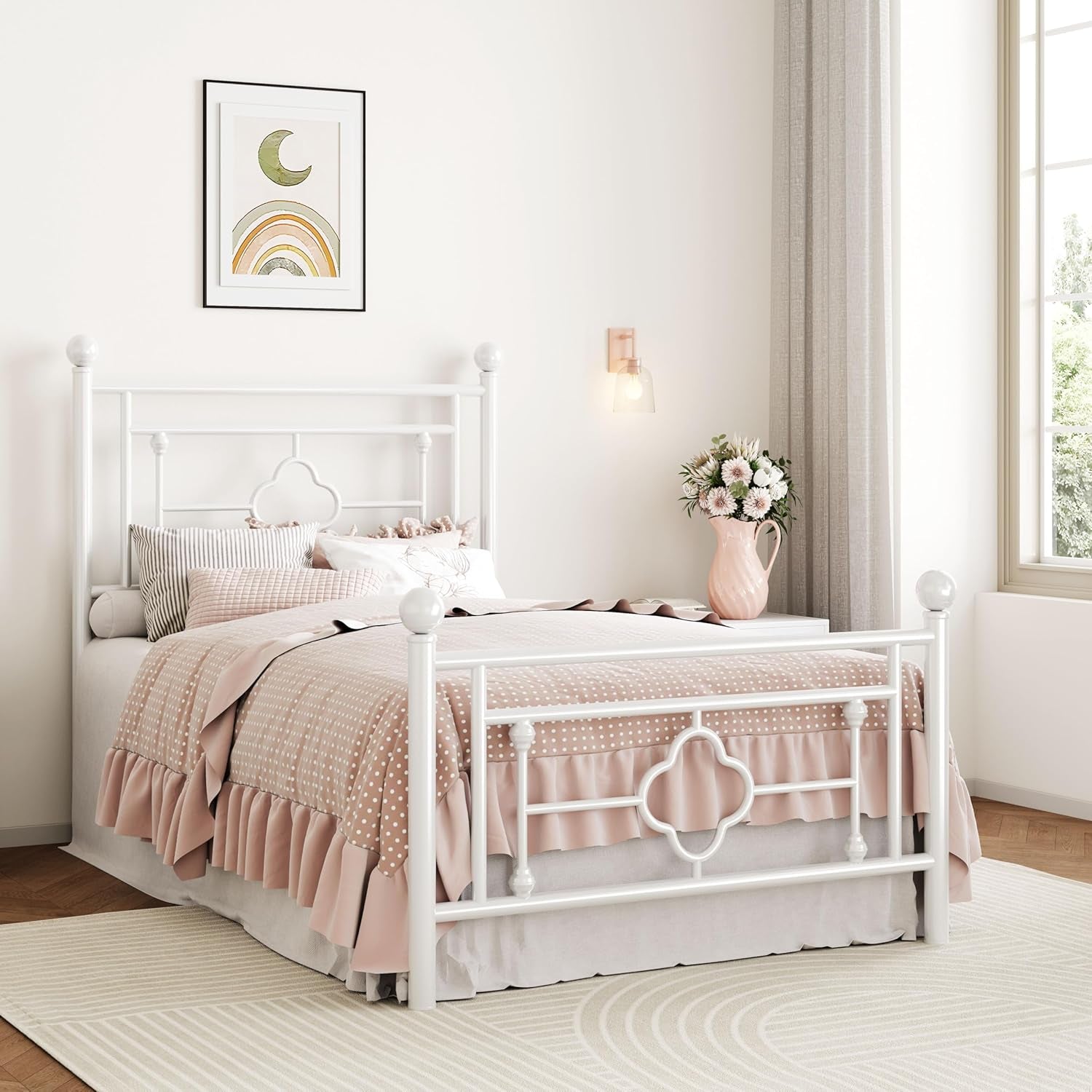 14 Inches Twin Size Metal Platform Bed Frame/Vintage Iron-Art Headboard and Footboard/Mattress Foundation for Storage/No Box Spring Needed/Noise-Free/Easy Assembly/White