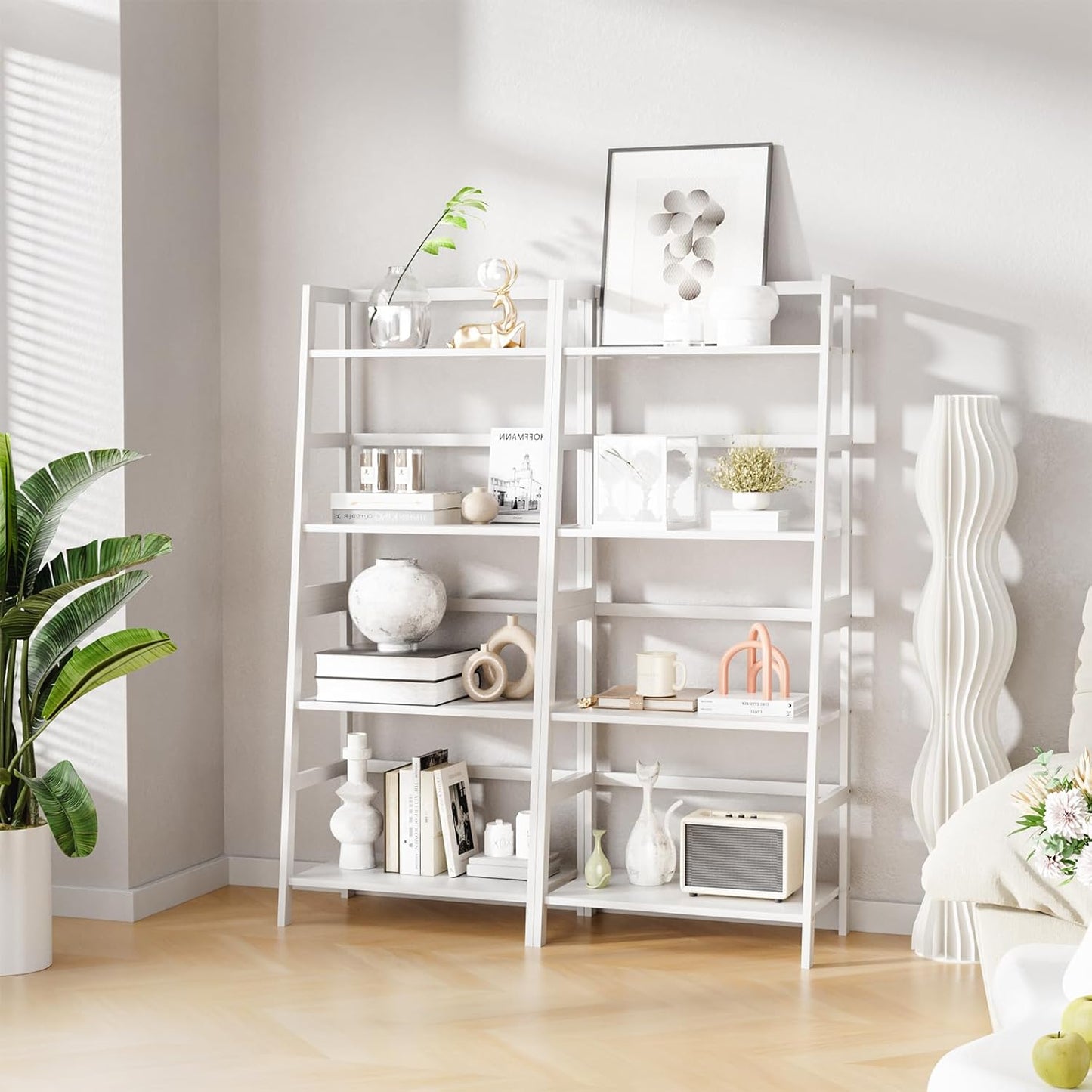 Ladder Shelf, 4 Tier Bookshelf, Floor Standing Bathroom Storage Rack with Bamboo Frame, Home Office Open Display Bookcase, White