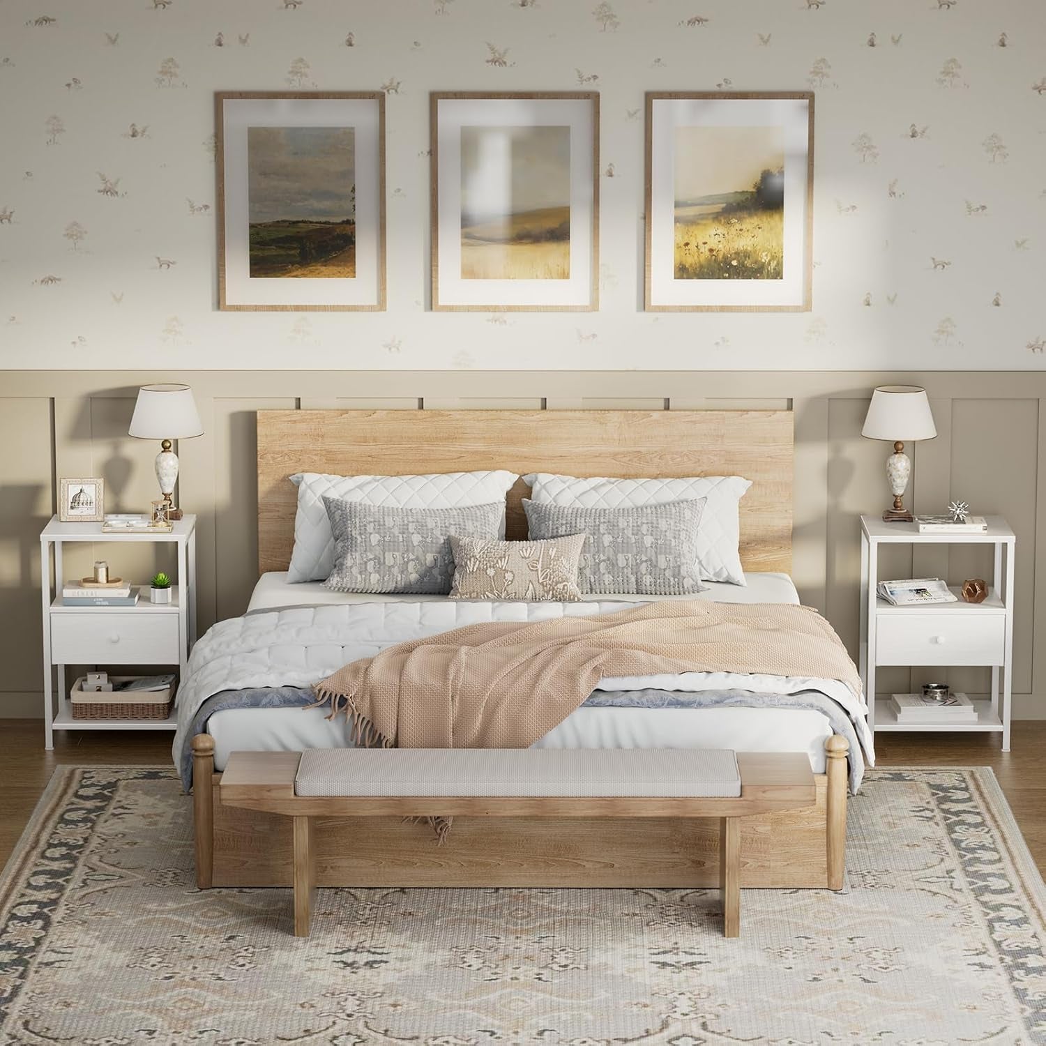 White Nightstand with Charging Station, LED Night Stand with Fabric Drawers and Shelf, Bedside Table with USB Ports and Outlets, Bedroom Nightstand Modern