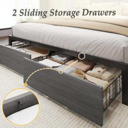 Queen Bed Frame with 2-Tier Storage Headboard, Bedroom Metal Bed Frame with 2 Storage Drawers & Fast-Charging Station & LED, Noise-Free, No Box Spring Needed, Easy Assembly, Rustic Grey