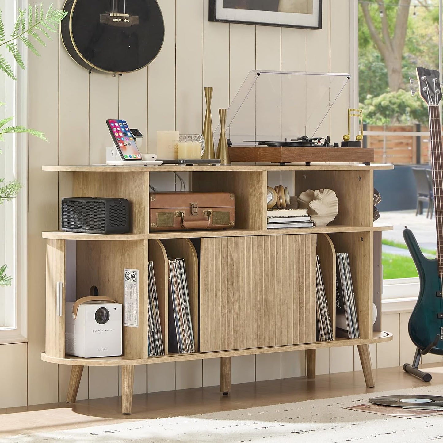 Large round Record Player Stand with Charging Station & Fluted Panel, Natural Mid Century Modern Turntable Cabinet with Vinyl Storage, Arched Wood Record Player Table for Living Room