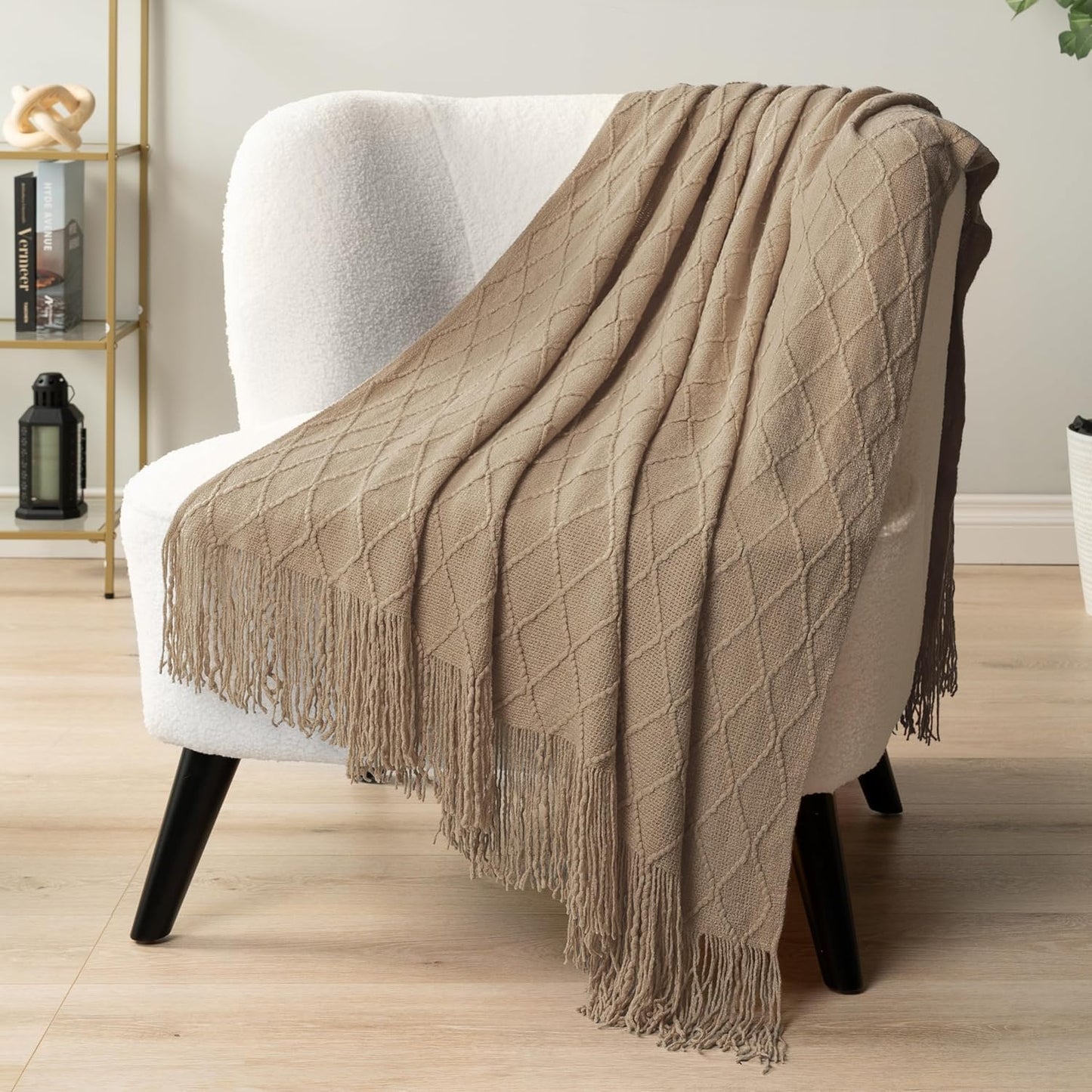 Tan Taupe Knit Throw Blanket for Couch Bed, Soft Knitted Farmhouse Sofa Throw for Living Room, Lightweight Decorative Fall Throw Blanket for Chair, Outdoor Textured Boho Blanket, 50X60