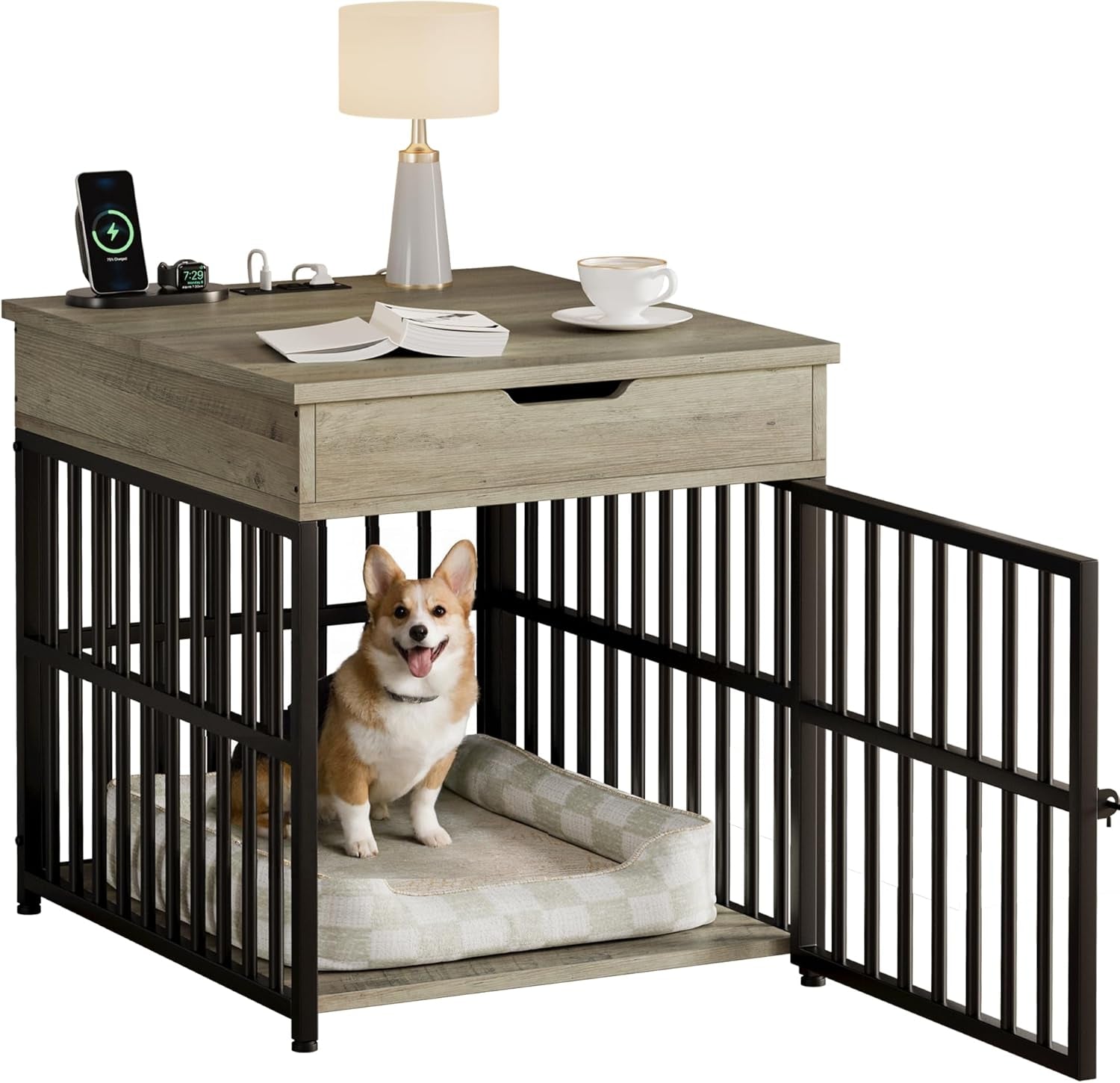 Dog Crate Furniture for Small Dogs, Wooden Dog Kennel with Flip Top Drawer, Indoor Pet Crate End Table with Charging Station, Steel-Tube Dog Cage, Gray
