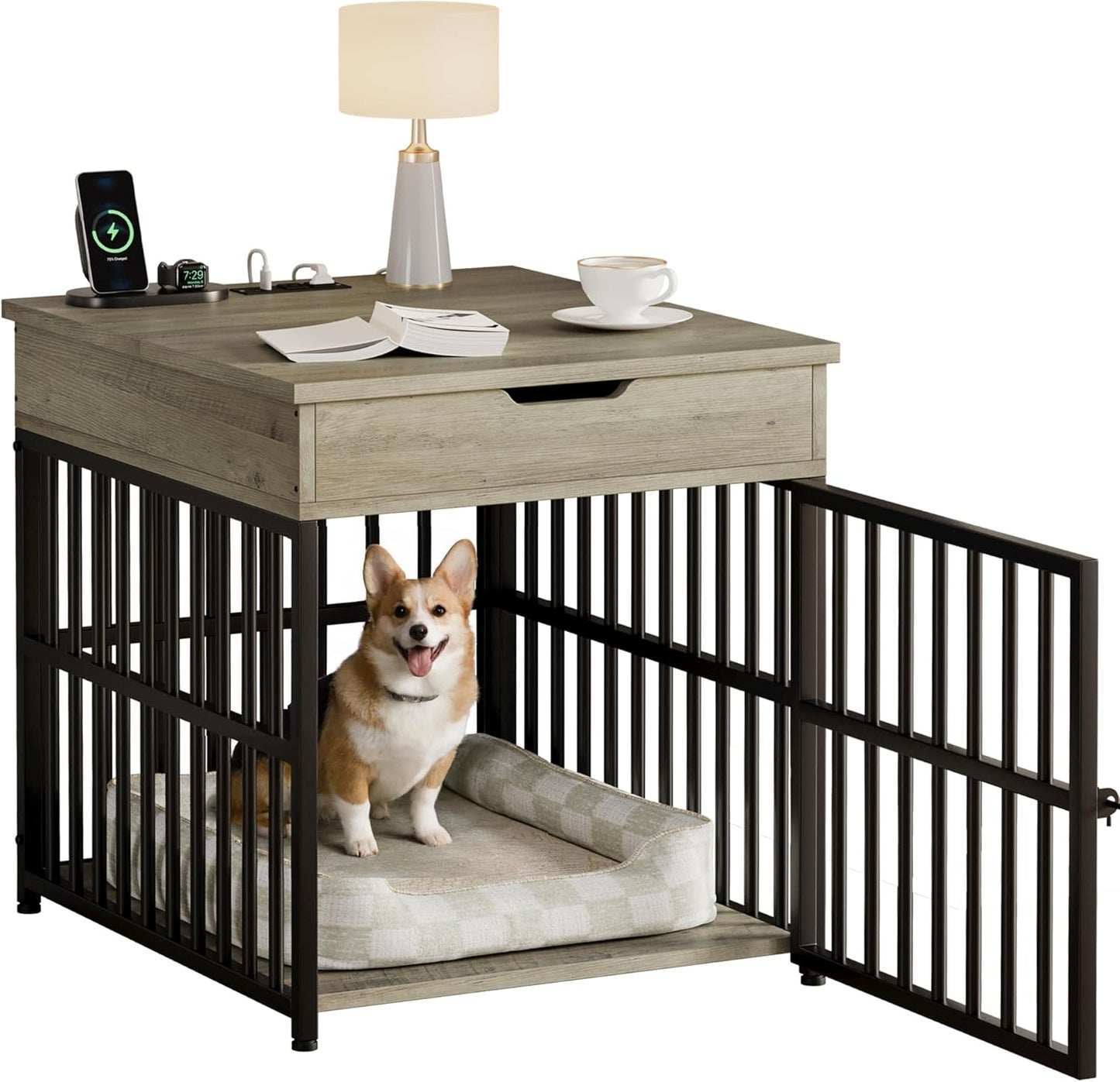 Dog Crate Furniture for Small Dogs, Wooden Dog Kennel with Flip Top Drawer, Indoor Pet Crate End Table with Charging Station, Steel-Tube Dog Cage, Rustic Brown