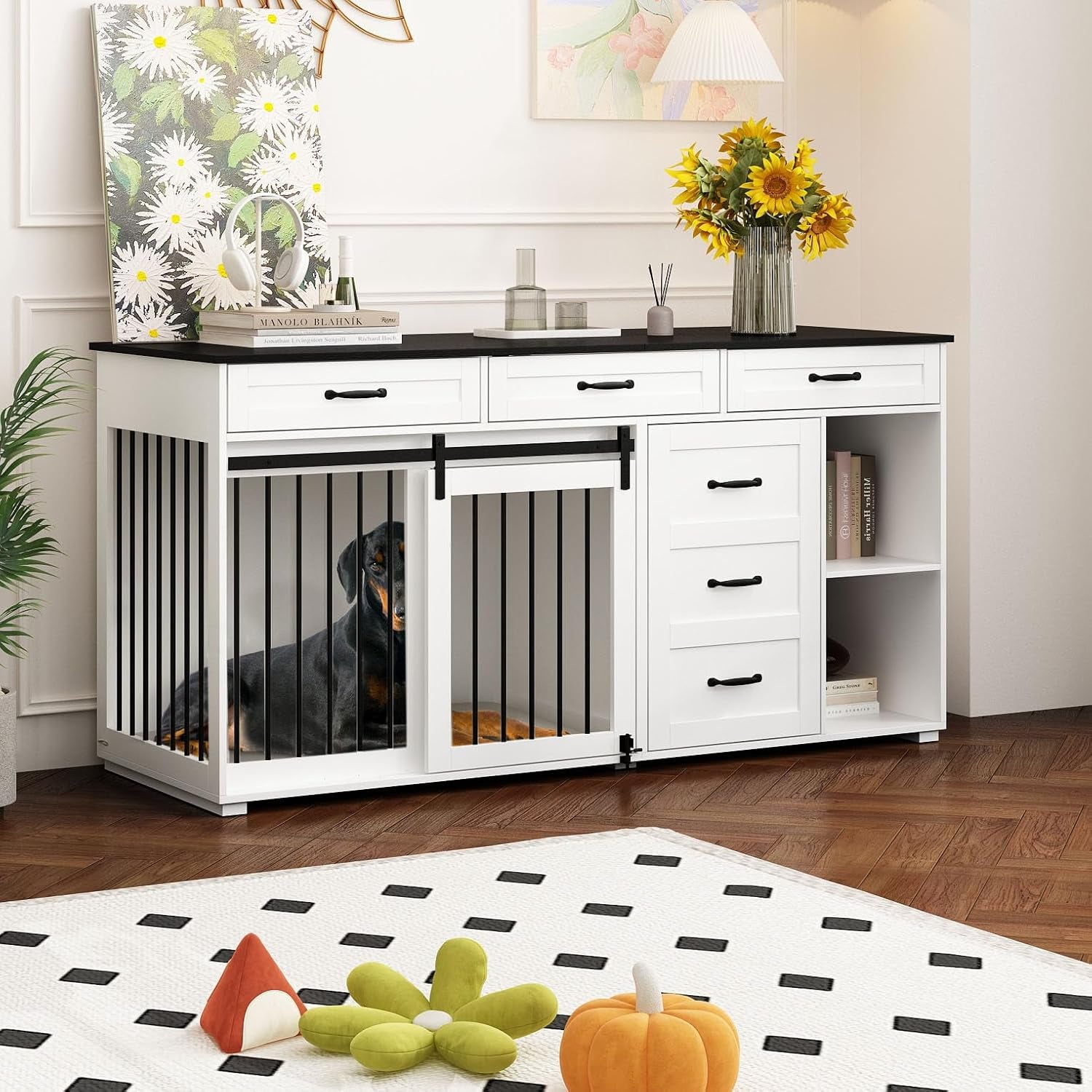 Dog Crate Funiture with Storage, 67" Wooden Heavy Duty Dog Kennel Table Furniture with Drawers & Shelves, Indoor Dog House TV Stand Single Room W/Sliding Door, White