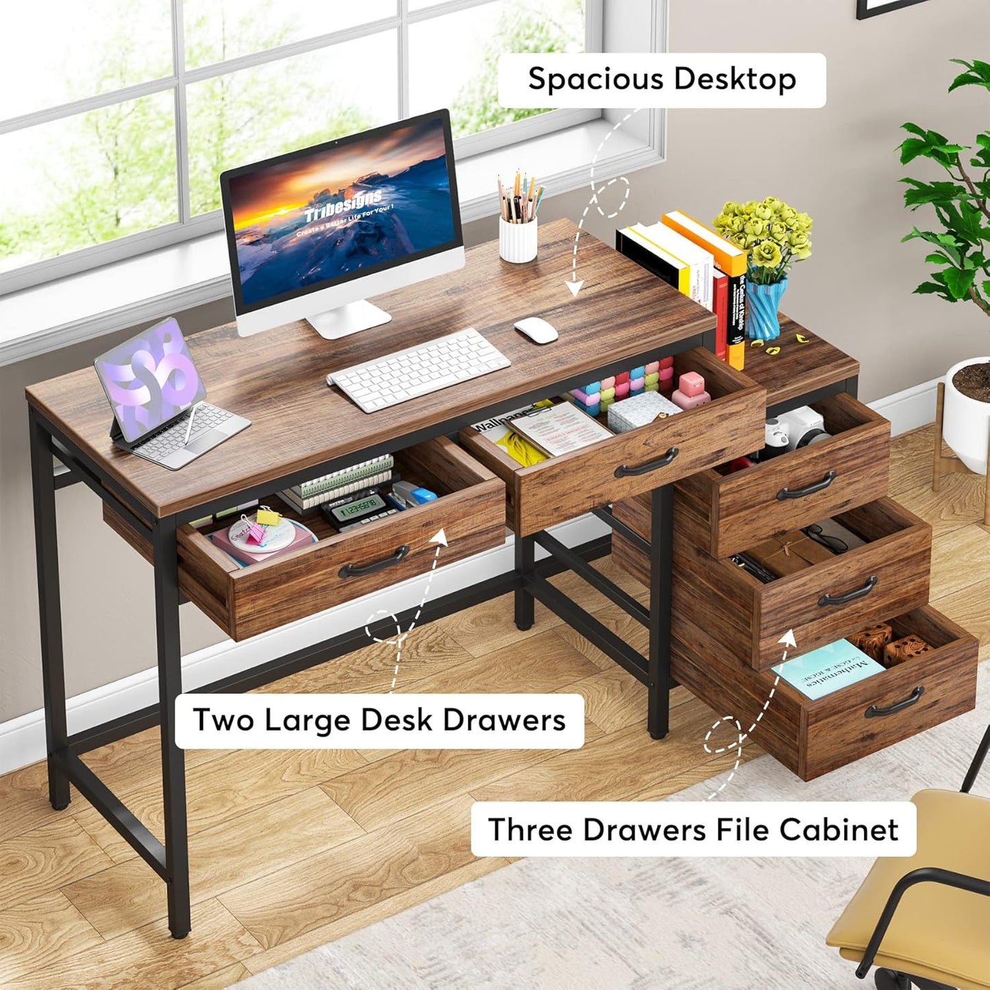 Computer Desk with 5 Drawers, Home Office Desks with Reversible Drawer Cabinet Printer Stand, Industrial PC Desk with Storage, Grey Study Writing Table Workstation for Small Spaces