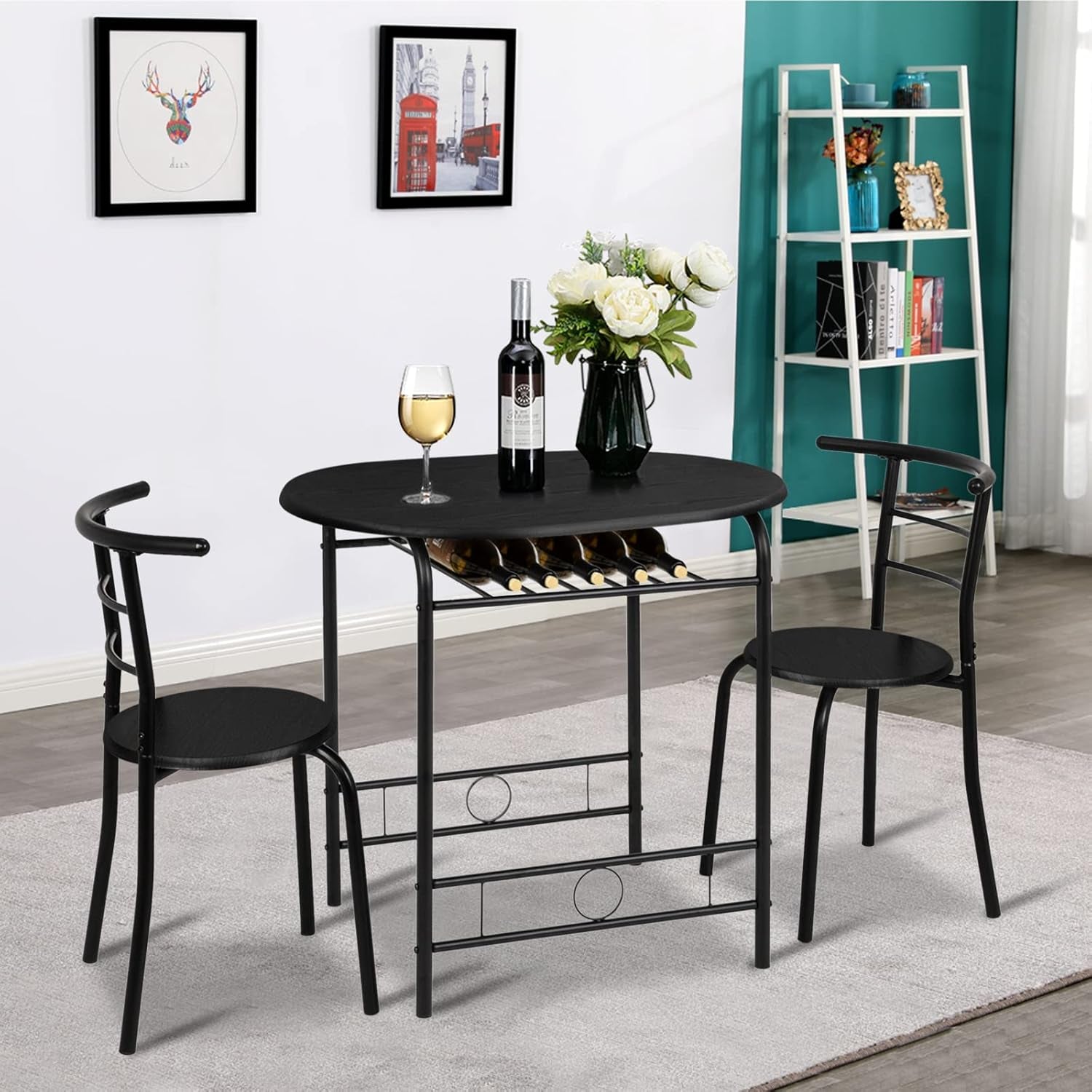 3 Piece Dining Set,Small Kitchen Table Set for 2,Breakfast Table Set,Kitchen Wooden Table and 2 Chairs for Small Space/Dining Room/Apartment,Metal Frame,Wine Rack,Black