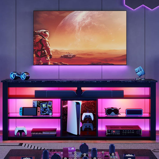 TV Stand for 70 Inch TV, Tall Entertainment Center with 2 Led Lights, Gaming TV Console with Storage for PS5, Modern TV Cabinet for Bedroom, Living Room, Black Marble