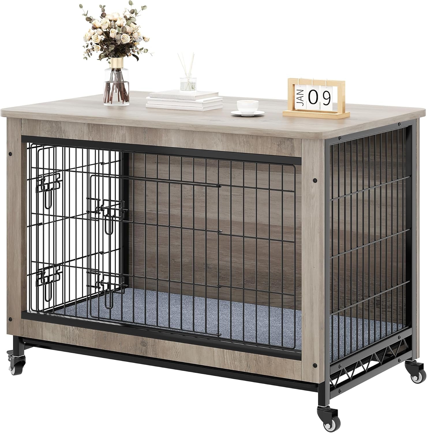Dog Kennel Furniture with Wheels, Wooden Dog Crate Furniture with Cushion, 38" Dog Crate End Table with Tray for Small/Medium Dog (Gray)