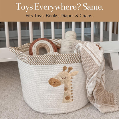 Giraffe Storage Basket for Nursery – Large 15”X11” Cotton Rope Bin with Soft Felt Animal Patch – Toy Organizer, Baby Laundry Hamper, Diaper & Towel Holder – Foldable, Washable & Baby-Safe