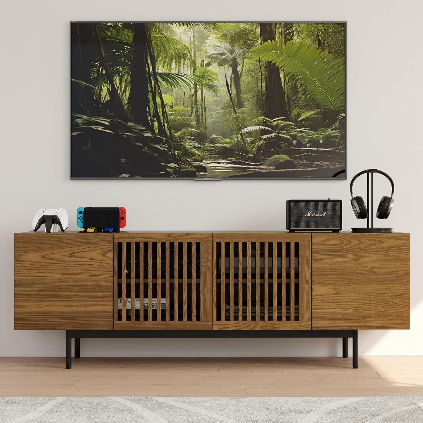 Full Assembled Mid-Century Modern TV Stand with Slatted Doors, Wood Media Console for 65 Inch TV, TV Console with Tall-Cast Metal Legs, Entertainment Center with Storage for Living Room