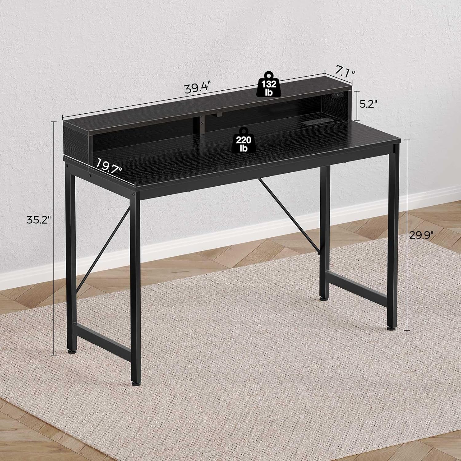 Computer Desk 39" with LED Lights & Power Outlets, Home Office Desk with Monitor Shelf, Gaming Desk,Writing Desk, Study Desk for Student & Kids, Black