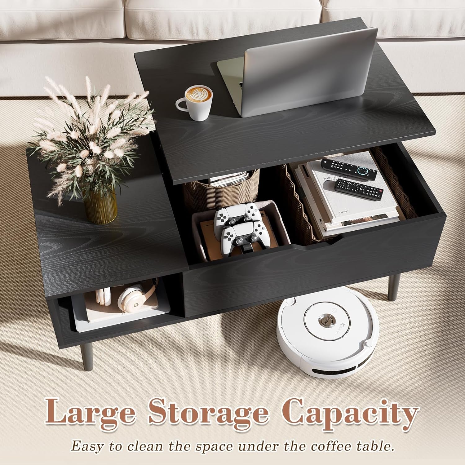 Wood Lift Top Coffee Table with Hidden Compartment and Large Storage Shelf, Lift Tabletop Dining Center Table for Home Living Room Office, Black