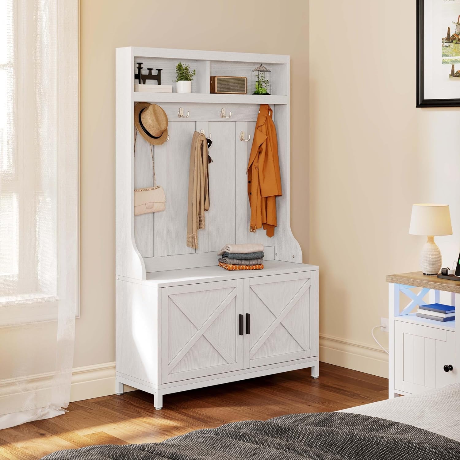 Hall Tree with Shoe Storage Bench for Entryway, 4-In-1 Coat Rack with Bench, Entrance Organizer, Hall Tree with Adjustable Shoe Storage and Hanging Hooks, White