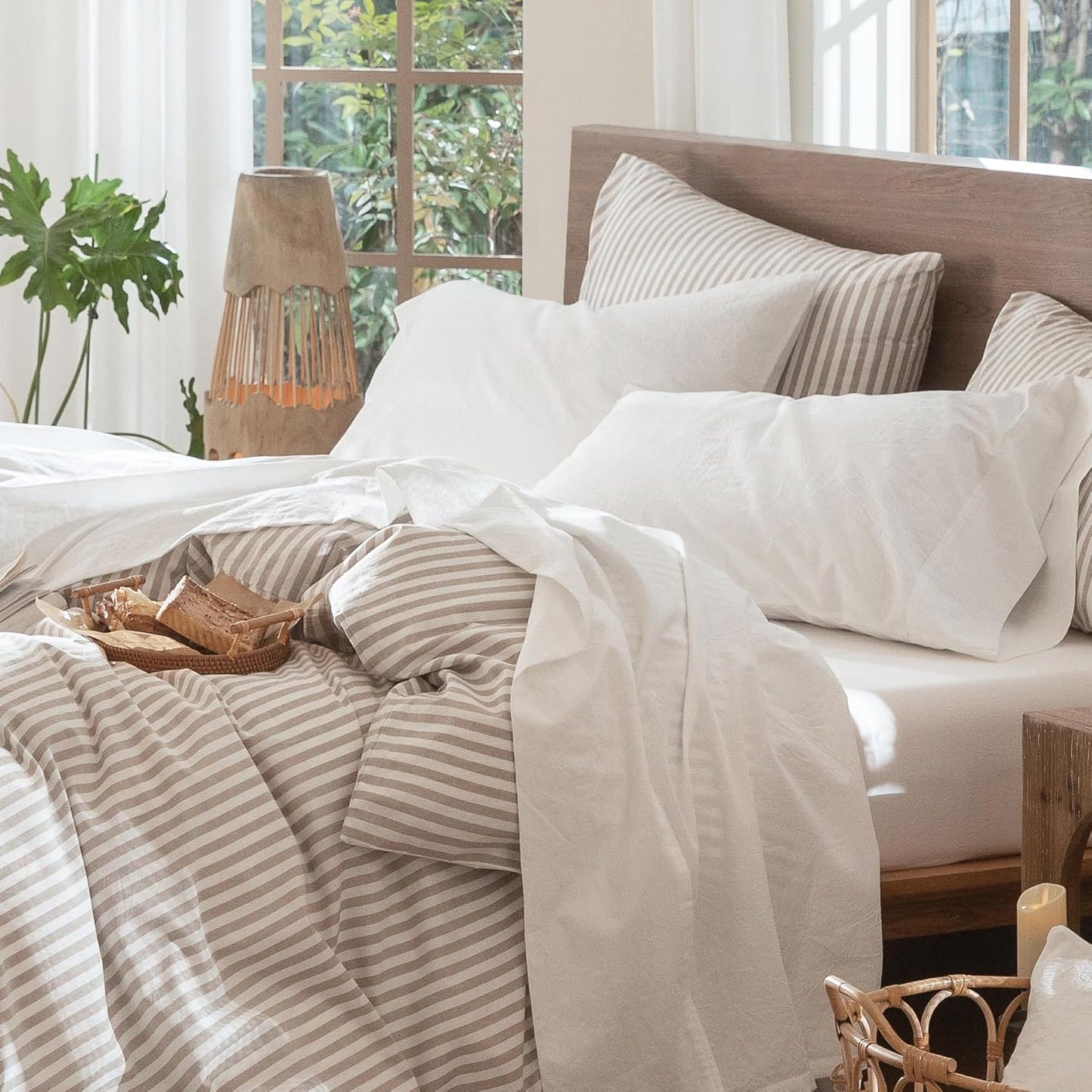 Bedding Sheet Set 100% Washed Cotton Linen like Textured Breathable Durable Soft Comfy (Solid off White, Queen)