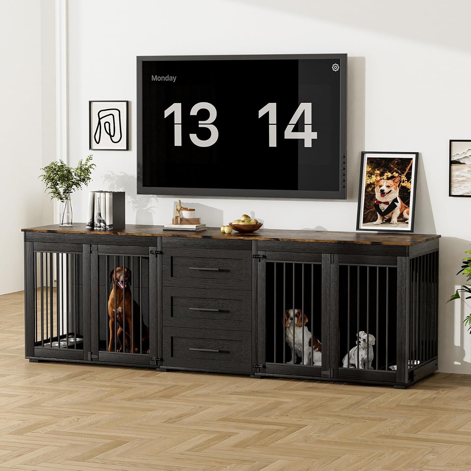 94.5" Dog Crate Furniture for 2 Dogs, Large Dog Kennel Furniture with 3 Storage Drawer, Wooden Dog Cage with 4 Bowls, Indoor Dog House TV Stand with Locks for Large Medium Dog, Grey