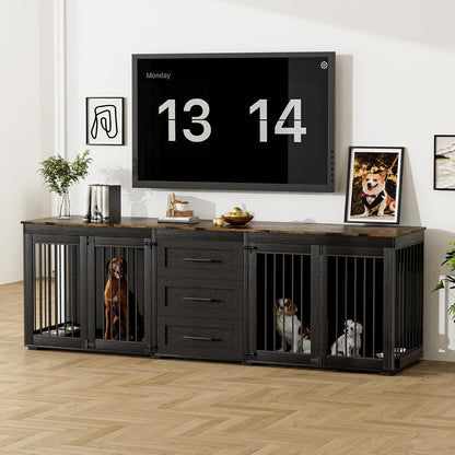 94.5" Dog Crate Furniture for 2 Dogs, Large Dog Kennel Furniture with 3 Storage Drawer, Wooden Dog Cage with 4 Bowls, Indoor Dog House TV Stand with Locks for Large Medium Dog, Black