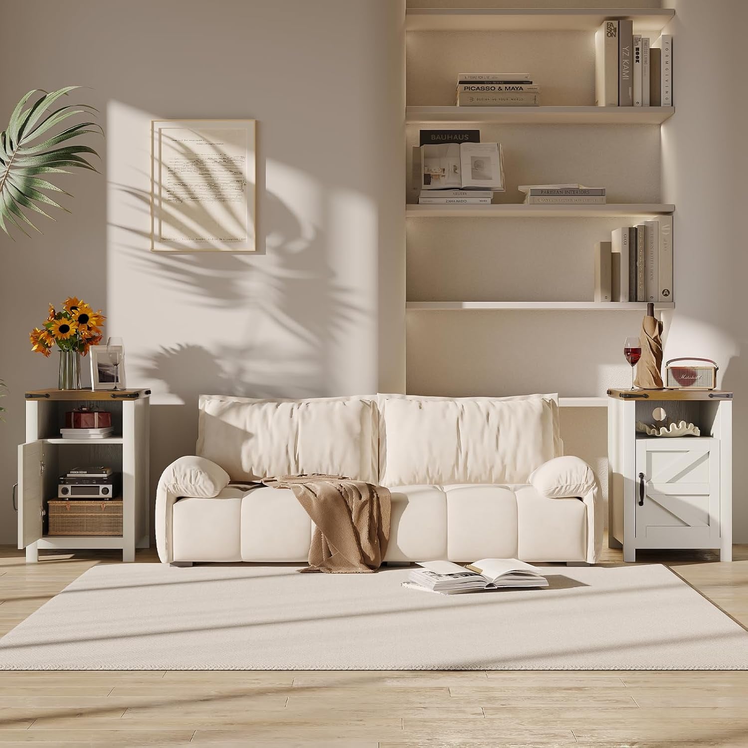 Farmhouse Nightstands with Charging Station, End Tables Set of 2 with Barn Door, Sofa Side Table with Storage Space for Bedroom, Living Room (White)