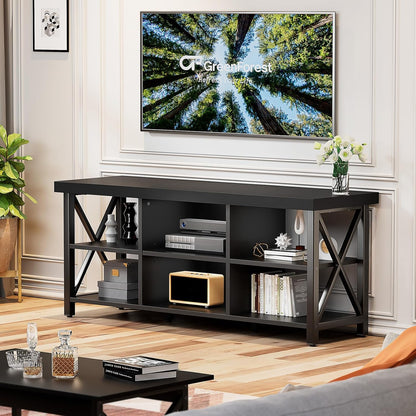 TV Stand for TV up to 65 Inches, Entertainment Center with 6 Storage Cabinet for Living Room, 55 Inch Farmhouse Television Stands Console Table, Industrial TV Stands for Living Room, Black