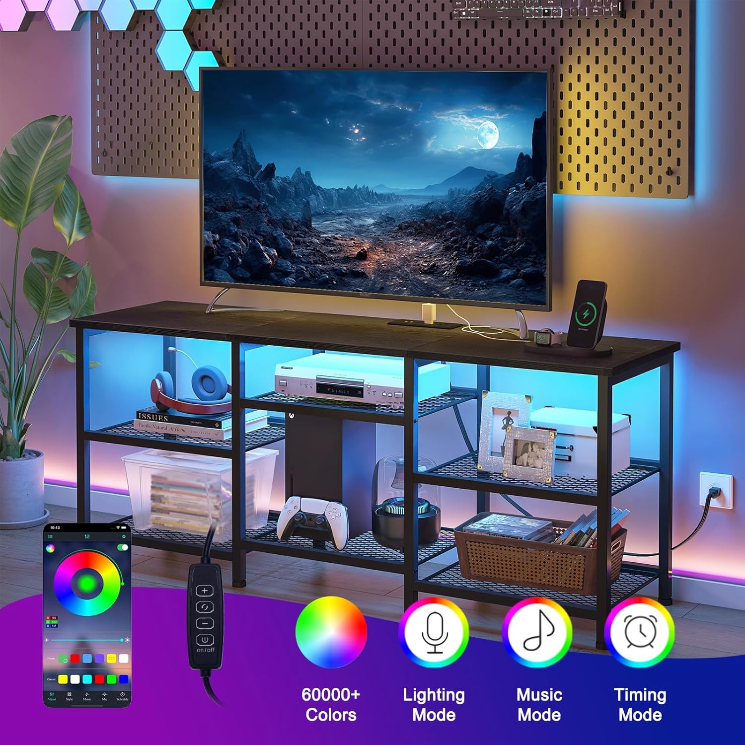 TV Stand for 55 Inch Tvs, Entertainment Center with Movable Shelf Panels, Power Outlet and LED Lights Open Storage Shelves, TV Media Console Table for Living Room and Bedroom, Black